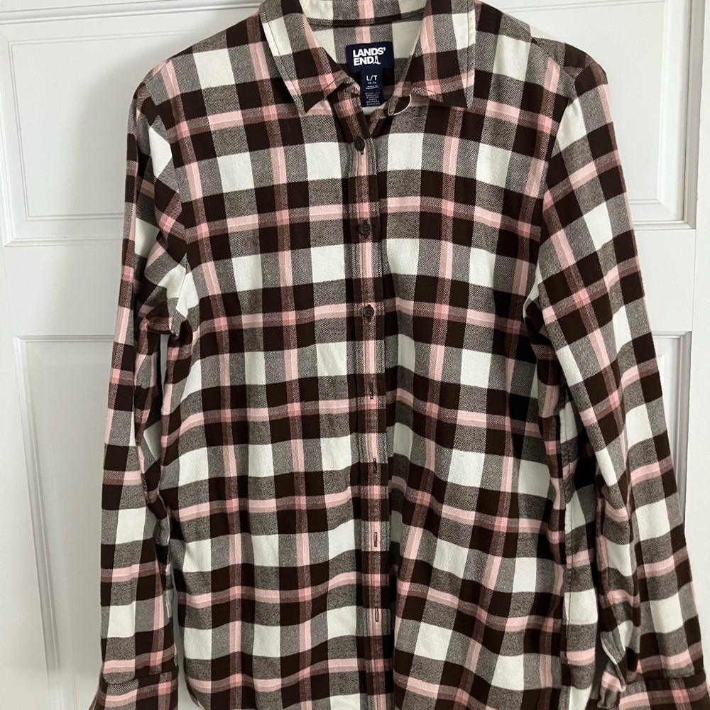 Lands' End Pink and Brown Checkered Shirt